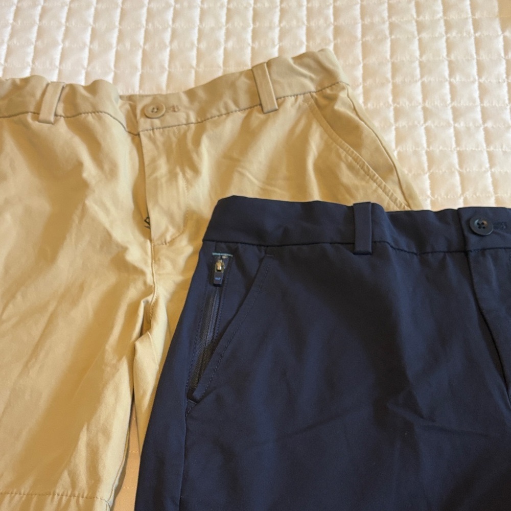 2 pairs boys Vineyard Vines performance shorts, one navy, one khaki, size 18,